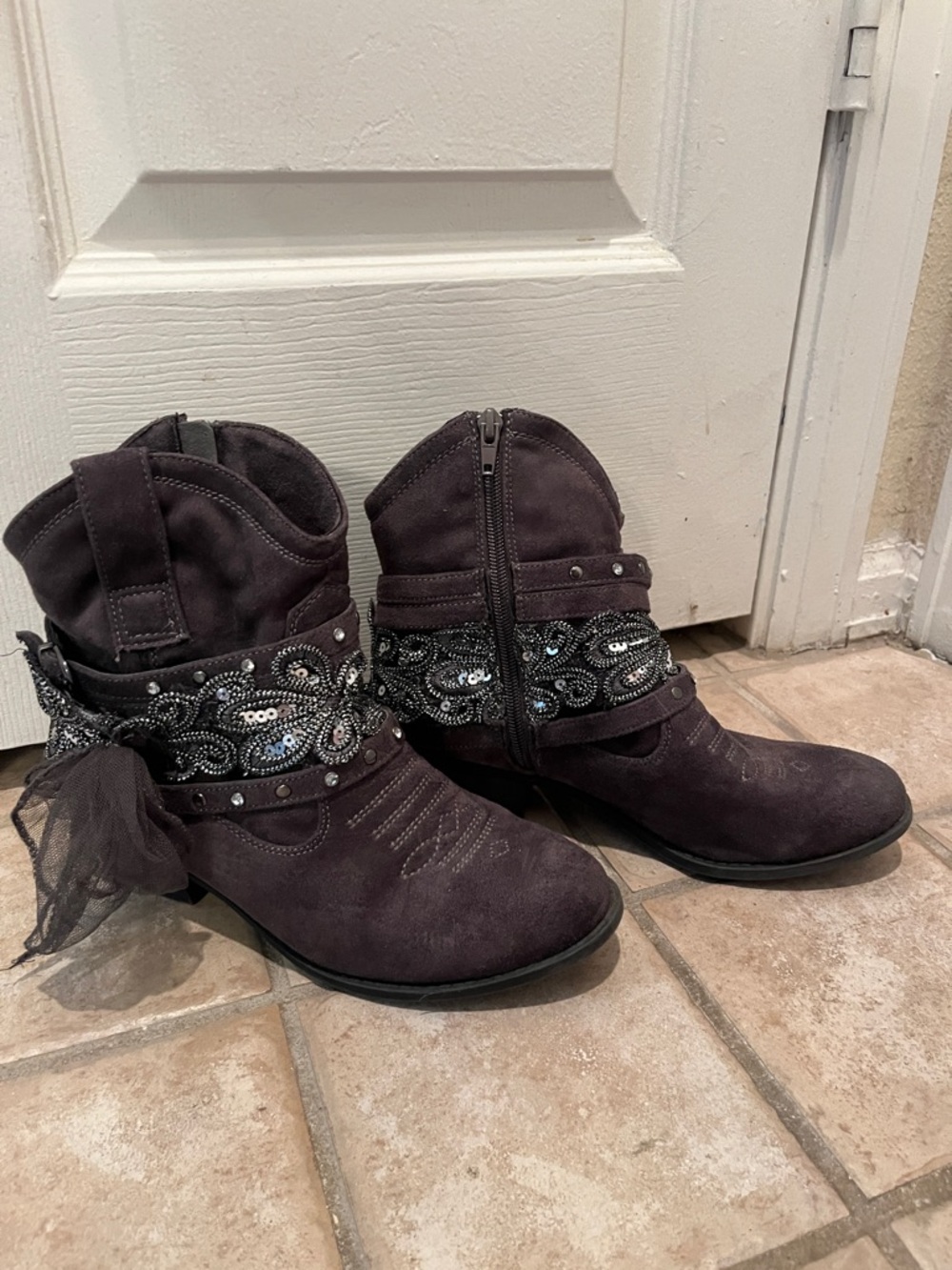 Not Rated Purple Suede Ankle Boots with Sequined Strap
